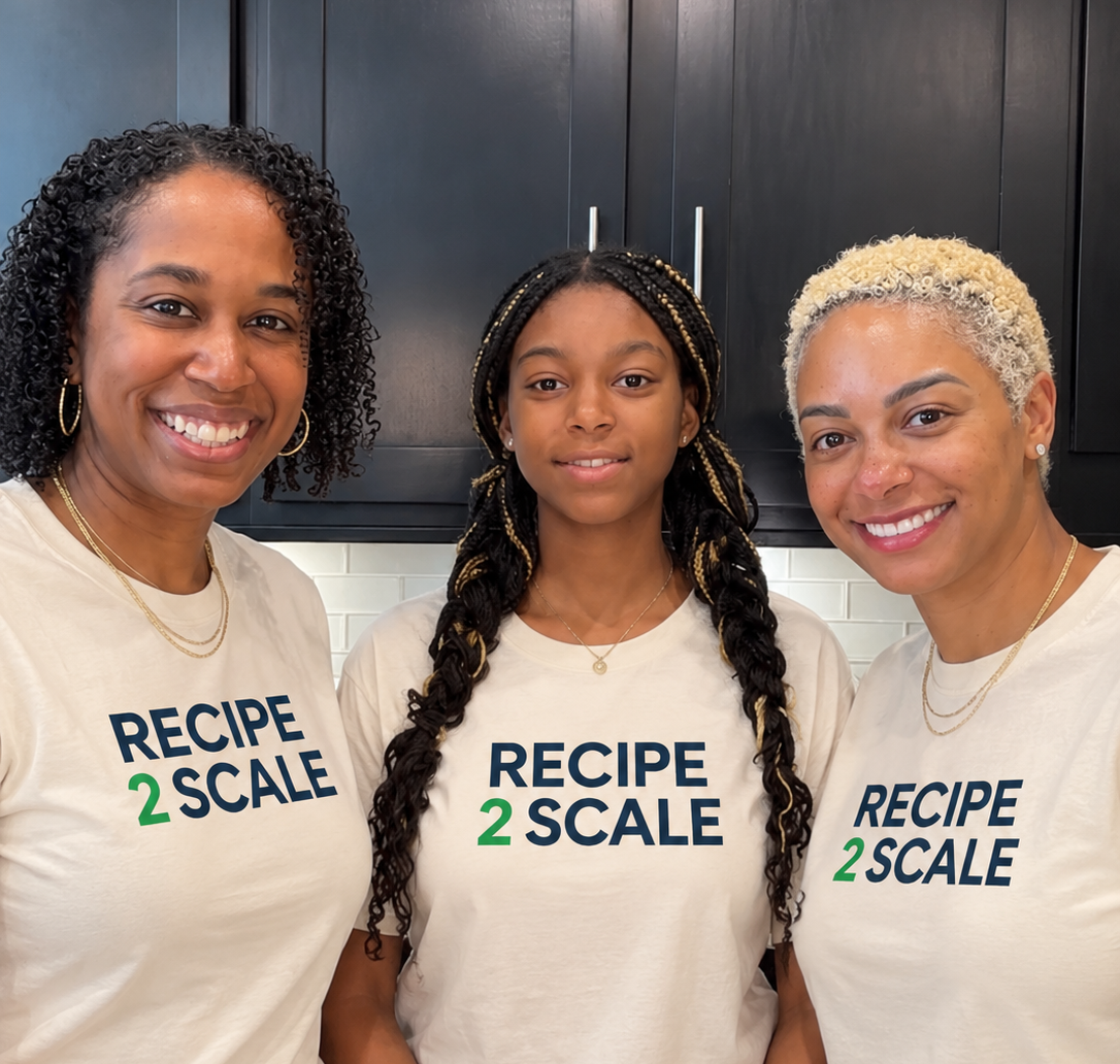 The three Recipe 2 Scale founders together in a kitchen, wearing Recipe 2 Scale shirts